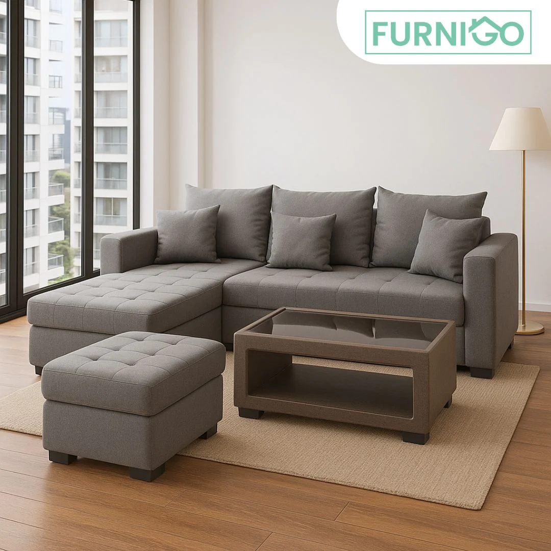 Angelo L-shape Fabric Sofa Set with Ottoman and Glass Top Table