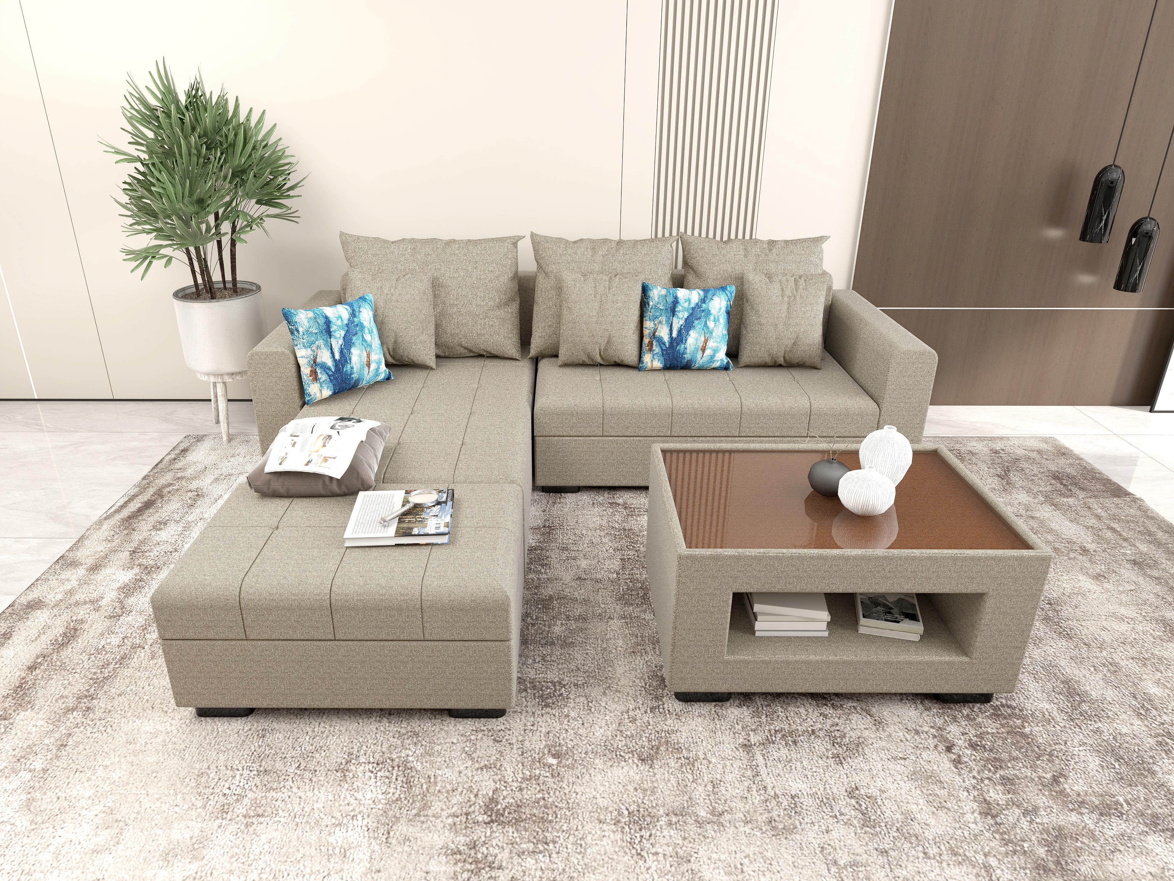 Angelo L-shape Fabric Sofa Set with Ottoman and Glass Top Table - Image 11