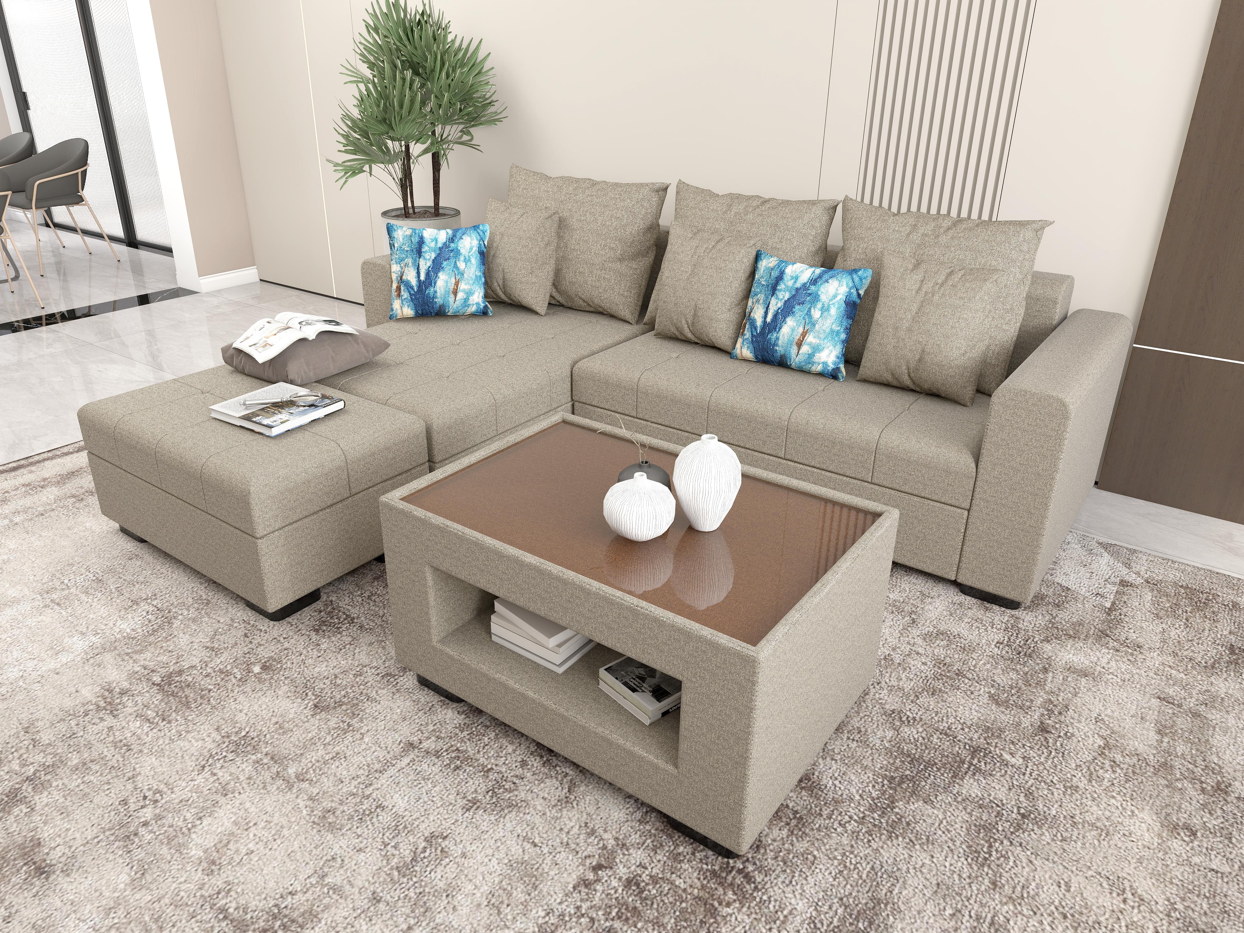 Angelo L-shape Fabric Sofa Set with Ottoman and Glass Top Table - Image 12