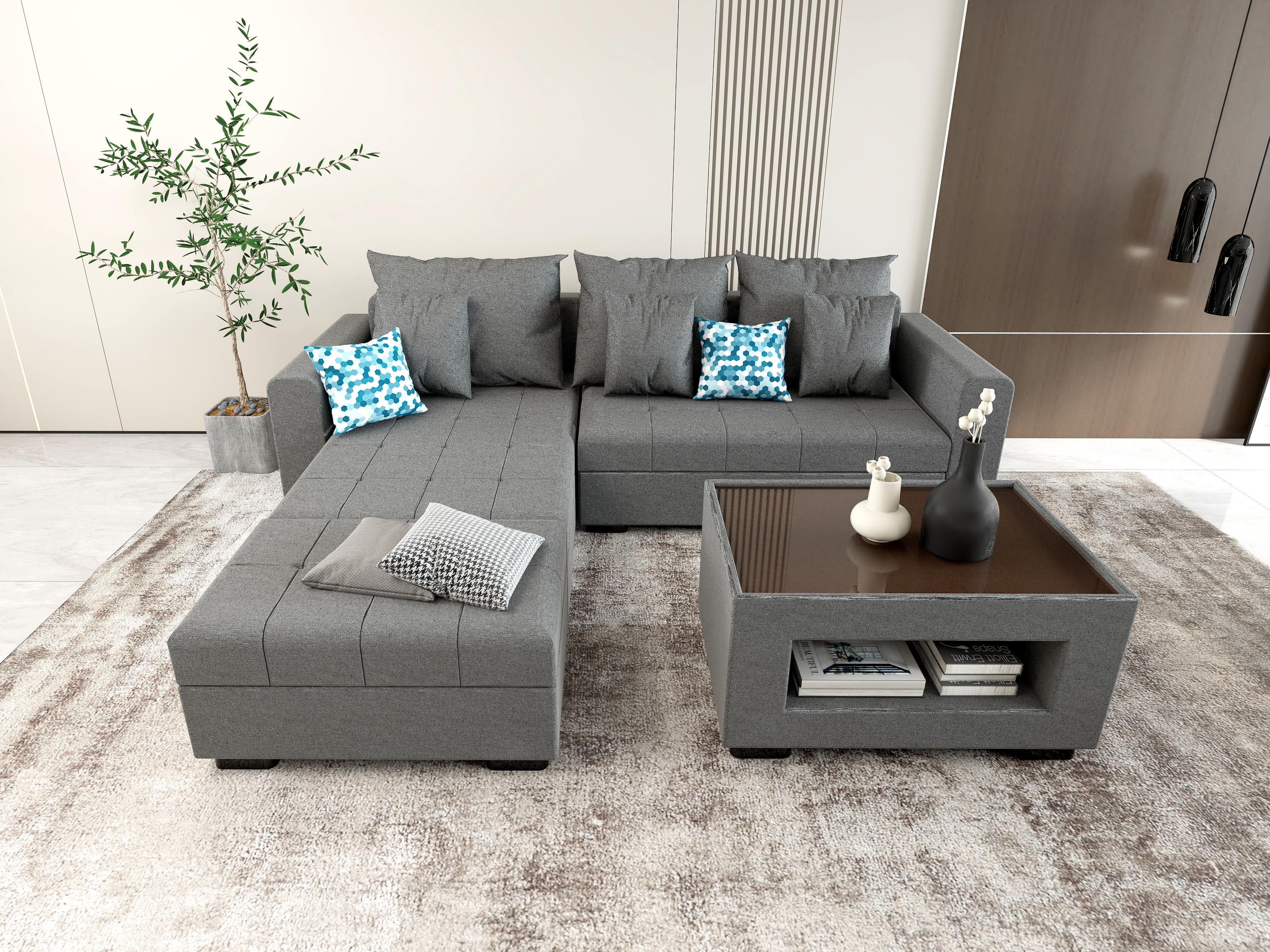 Angelo L-shape Fabric Sofa Set with Ottoman and Glass Top Table - Image 13