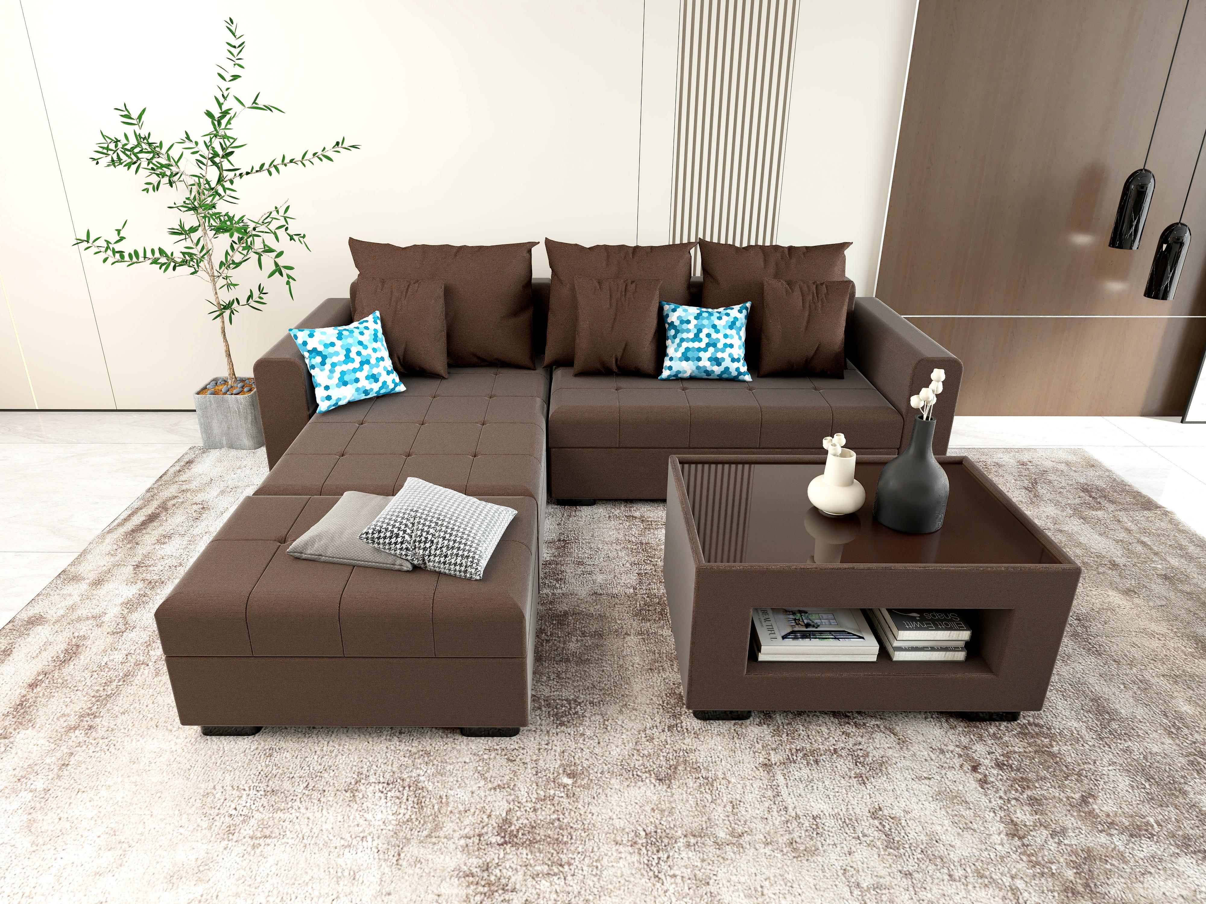 Angelo L-shape Fabric Sofa Set with Ottoman and Glass Top Table - Image 15