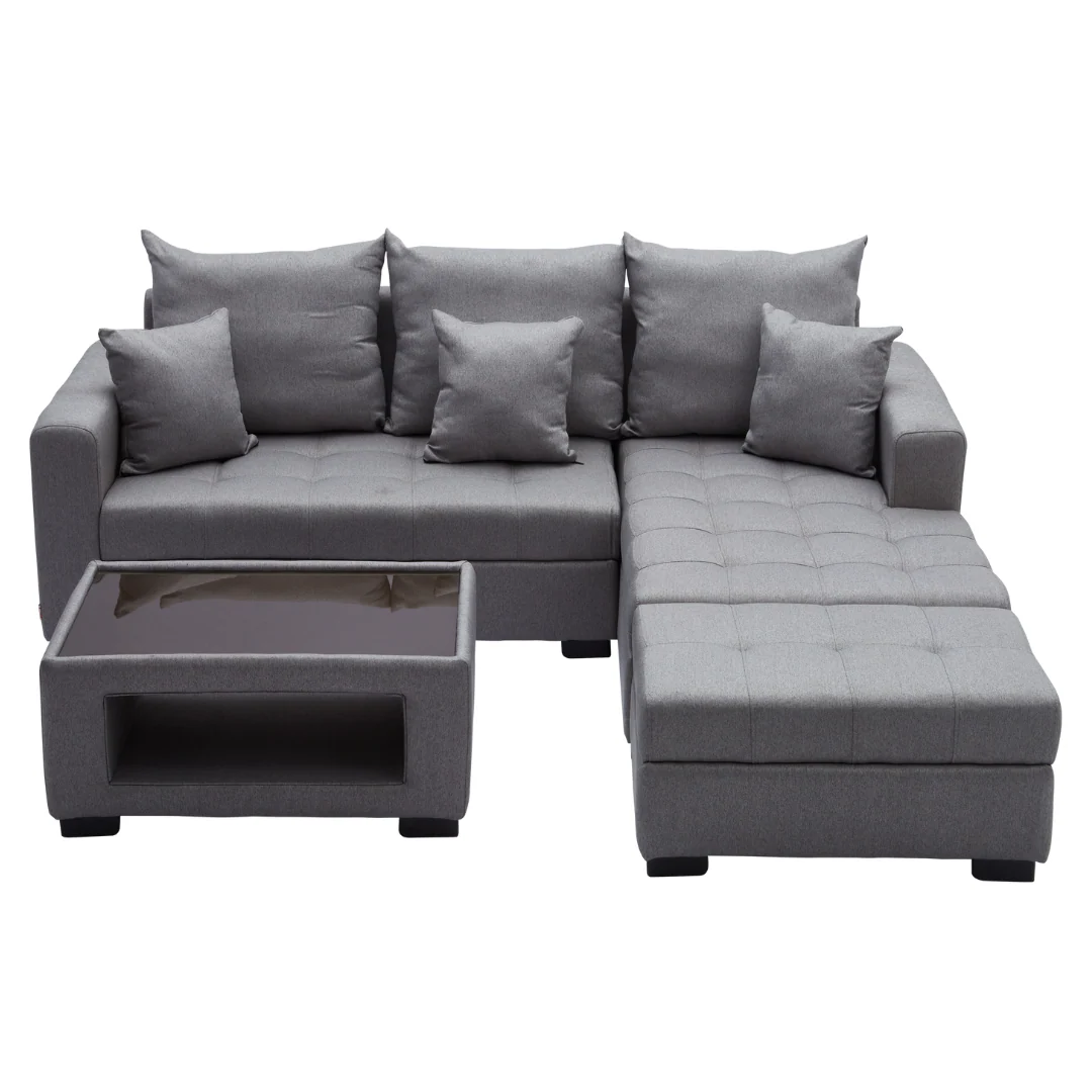 Angelo L-shape Fabric Sofa Set with Ottoman and Glass Top Table - Image 17