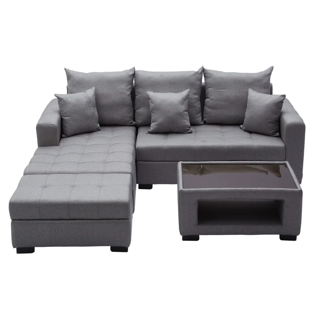 Angelo L-shape Fabric Sofa Set with Ottoman and Glass Top Table - Image 18