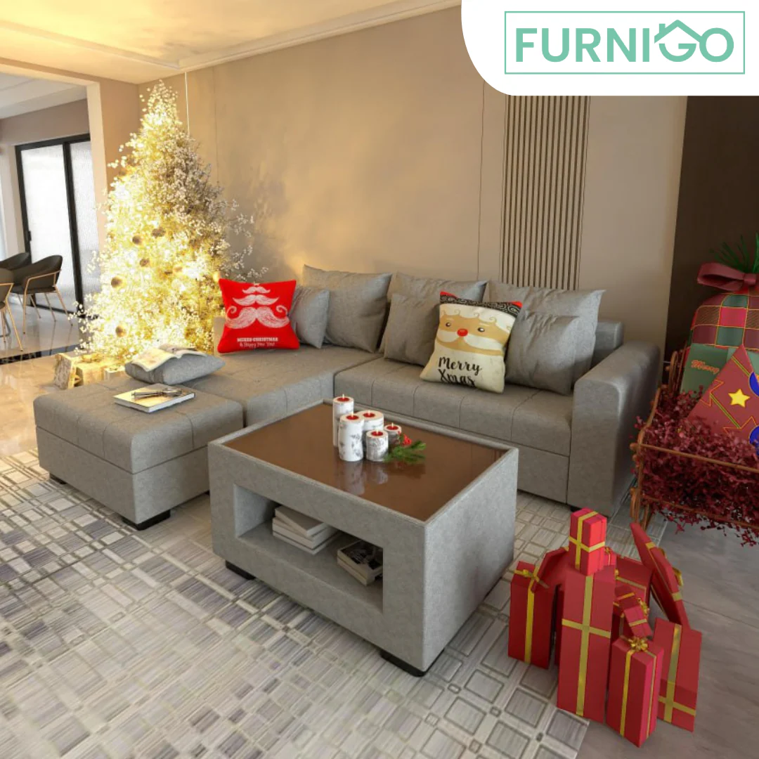 Angelo L-shape Fabric Sofa Set with Ottoman and Glass Top Table - Image 8