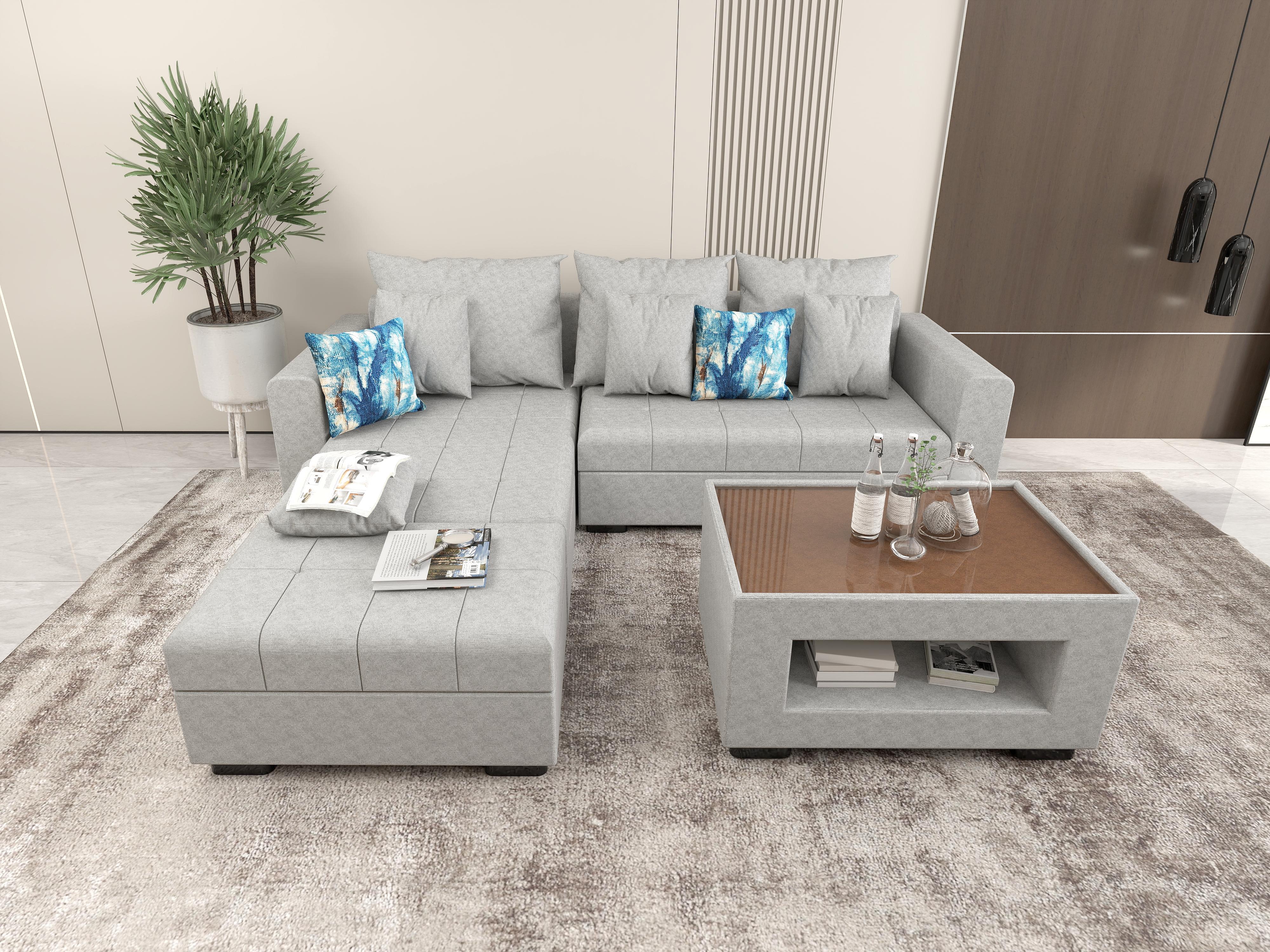 Angelo L-shape Fabric Sofa Set with Ottoman and Glass Top Table - Image 9