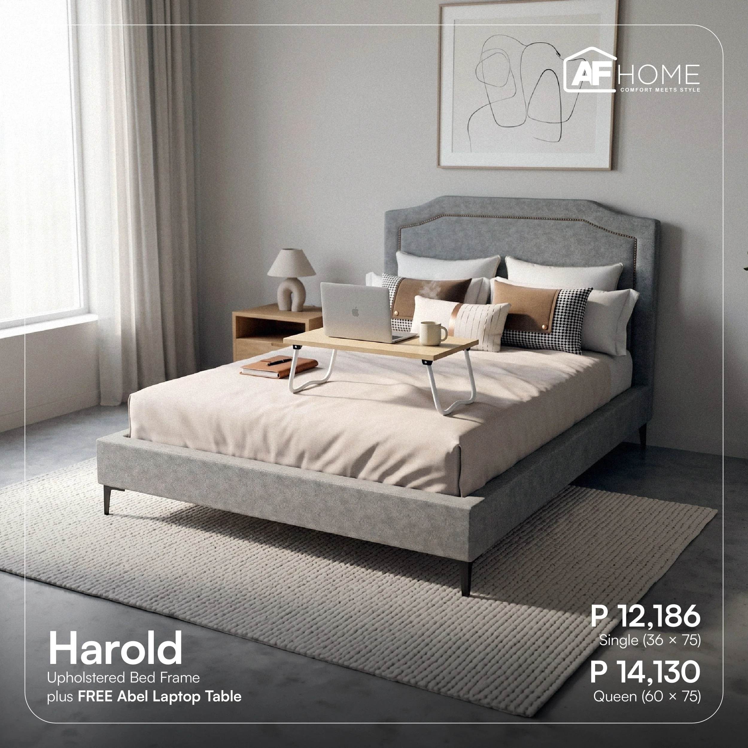 Flash Sale - Harold Upholstered Bed Frame + FREE Abel Laptop Table