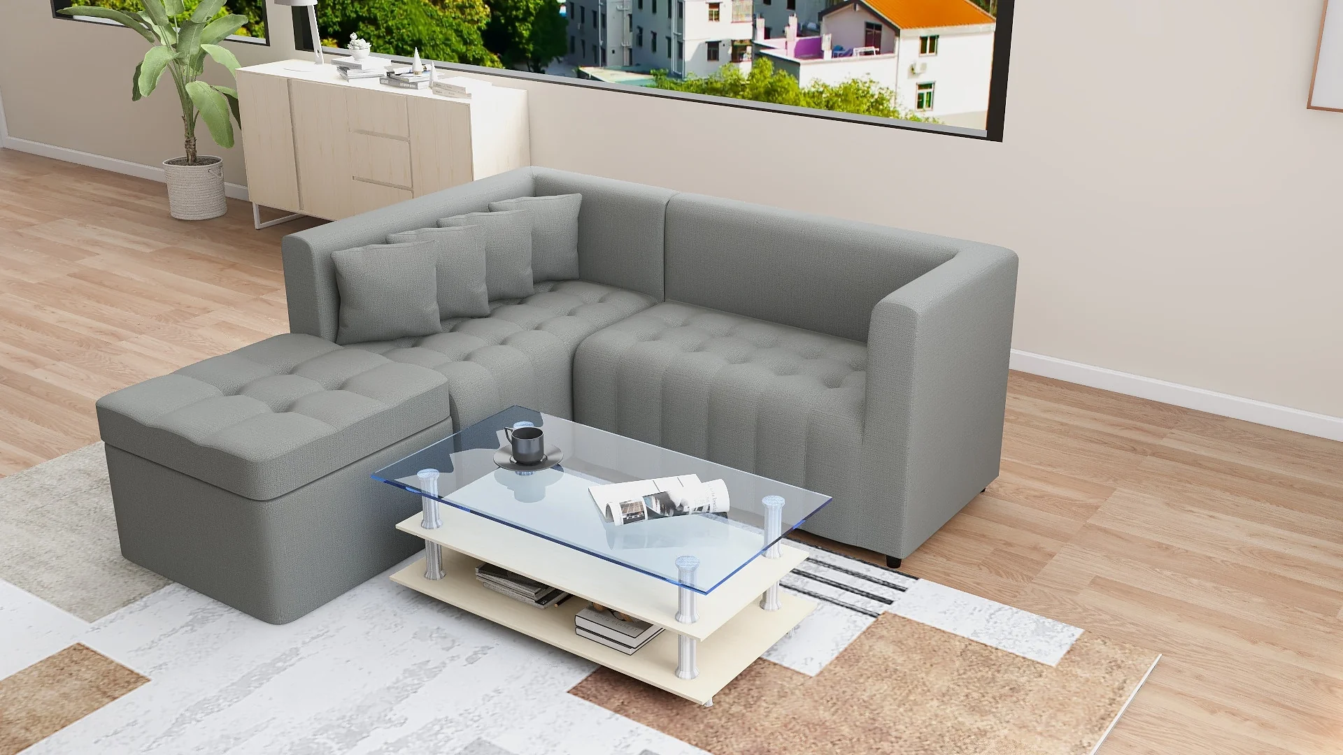 Ronna L-Shape Fabric Sofa with Storage Ottoman - Image 14