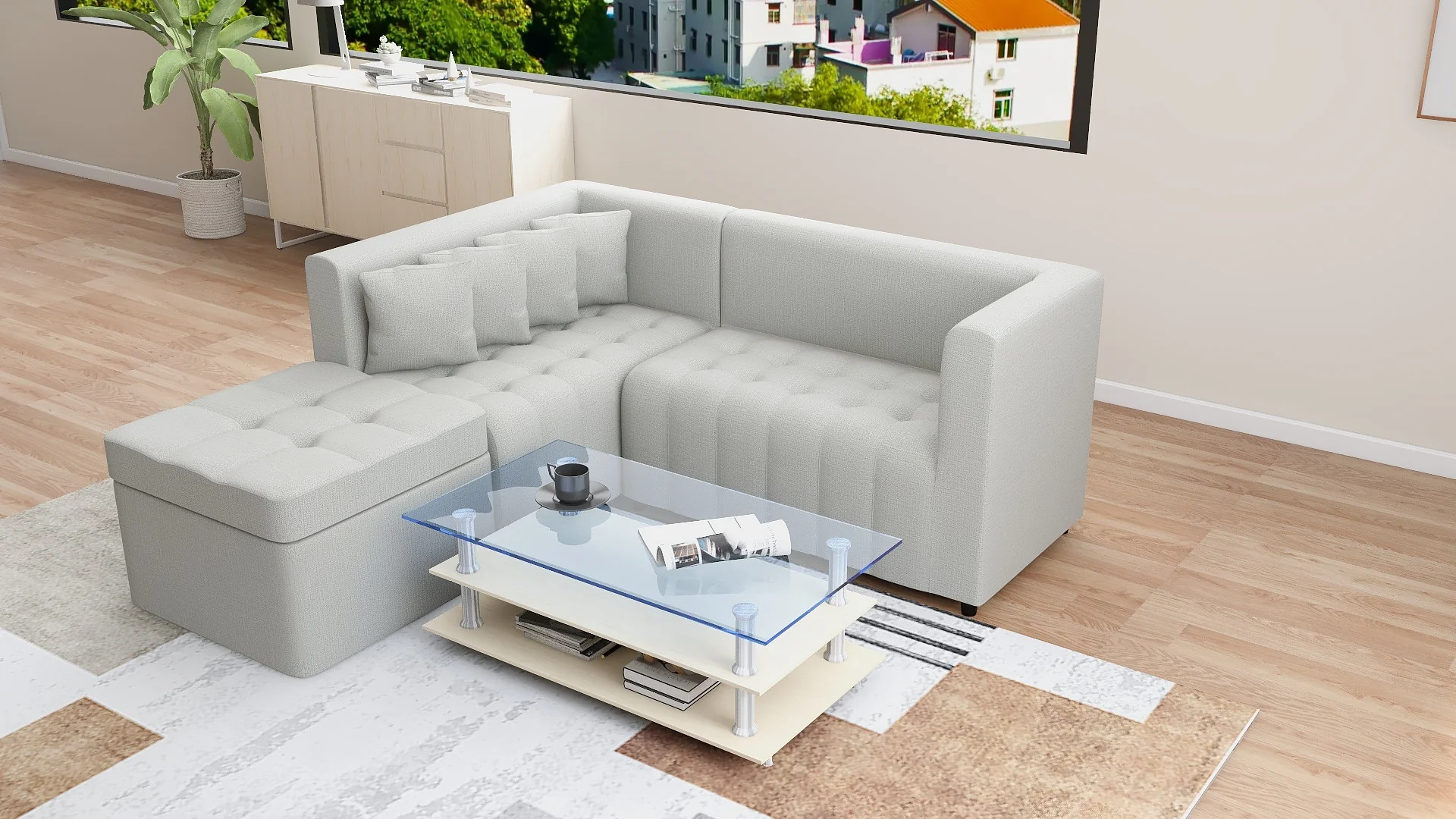 Ronna L-Shape Fabric Sofa with Storage Ottoman - Image 15