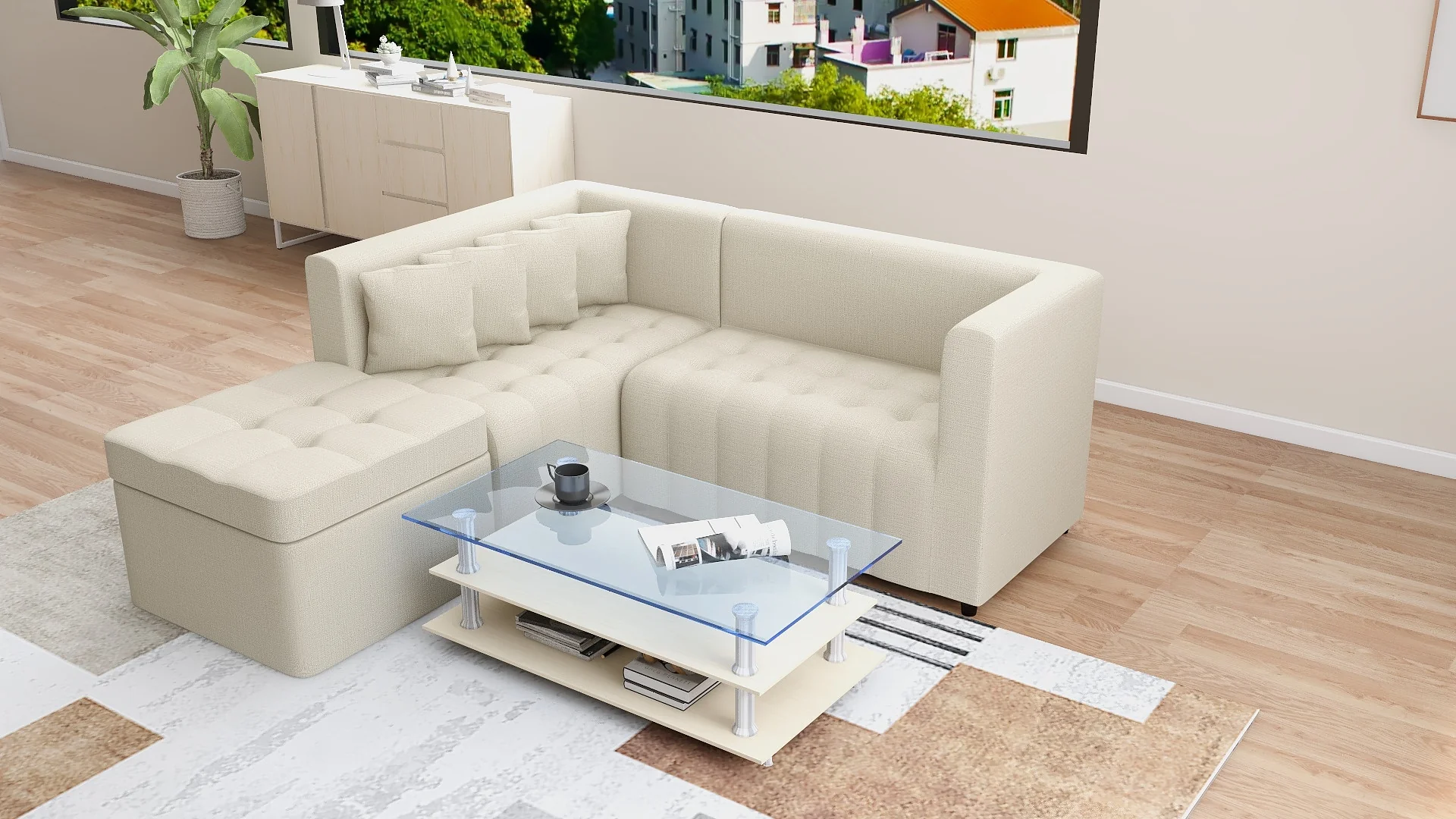 Ronna L-Shape Fabric Sofa with Storage Ottoman - Image 17